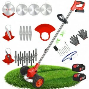 KingFurt 800W Electric Lawn Mower with Upgraded Wheels, Lithium Battery, and Multiple Blades - Efficient and Environmentally Friendly Weed Wacker