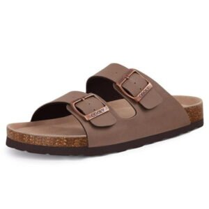 Litfun Women's Cork Footbed Slide Sandals with Arch Support Summer Leather Flat Sandals with Adjustable Buckle, Brown