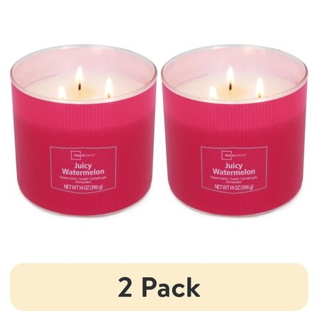 (2 pack) Mainstays 3-Wick Textured Wrapped Juicy Watermelon Scented Candle, 14 oz