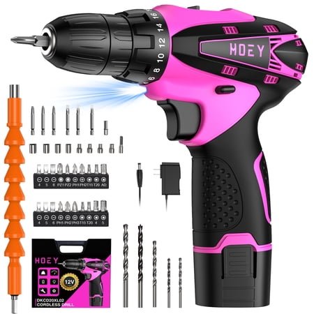 Pink Cordless Drill Set, 12V Power Drill Set Electric Screwdriver Driver Tool Kit for Women, 3/8" Keyless Chuck 1 Battery & Charger with Storage bag