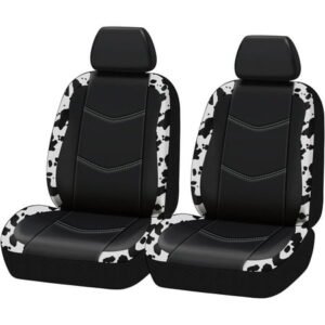Auto Drive Universal Fit Black,White Cow Faux Leather Car Seat and Headrest Cover, Set of 2