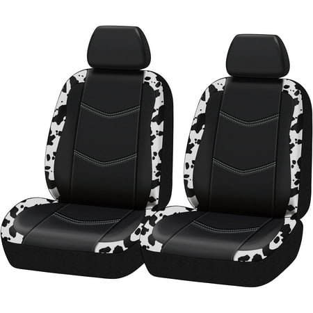Auto Drive Universal Fit Black,White Cow Faux Leather Car Seat and Headrest Cover, Set of 2