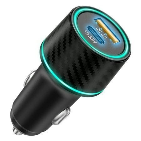 Juyafio 18W Car Charger Adapter with 30W PD USB-C & QC3.0 Dual Port for iPhone, Samsung, Motorola, OnePlus, Google