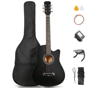 Ktaxon 38 Inch Cutaway Acoustic Guitar for Beginners,Full Basswood Guitar with Complete Starter Kit, Matte Black
