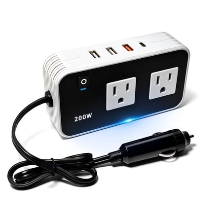 200W Car Power Inverter 12V to 110V for Vehicles, Car Plug Adapter Outlet with 4 USB Fast Charger, Car Charger Cigarette Lighter Adapter for Phone, Laptop on Road Trip