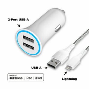 onn. Dual-Port Car Charging Kit with USB-C to USB Cable, White