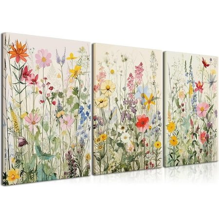 3 Piece Watercolor Wildflower Botanical Framed Wall Art Colorful Floral Canvas Art Prints Boho Flower Pictures Wall Decor Modern Minimalism Paintings Artwork Girls Bedroom Living Room Bathroom