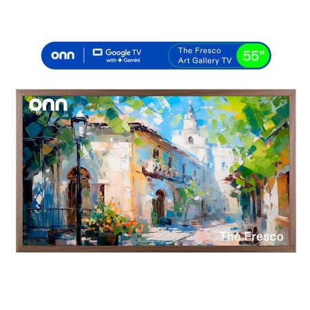 onn 55" The Fresco Art Gallery 4K UHD Google TV with Gemini, Walnut Frame and Mounting Kit