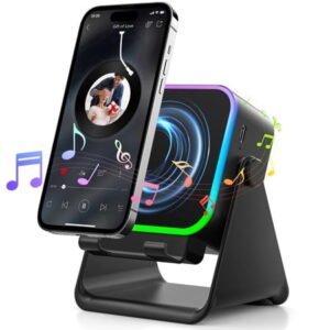 Wireless Induction Speaker, 6 in 1 Cell Phone Stand with Bluetooth Speaker, HD Stereo Sound, 5000mAh Rechargeable, Colorful Ambient Light, Compatible with Iphone/Android/Ipad, Gifts for Men Women