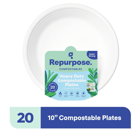 Repurpose Certified Compostable Dinner Plate, 10 in, 20 Count, Durable, Plant-Based, No PFAS Added, White, Disposable Plates