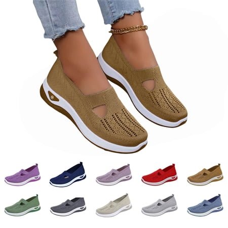 EKVAHL Womens Orthopedic Shoes No Slip Slip-On Loafers 2026 Summer Arch Support Sport Shoes Fashion Knitted Woven Sports Walking Shoes Brown