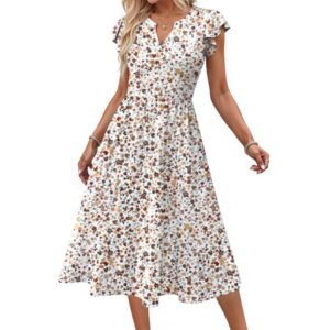 Fantaslook Summer Dresses for Women Ruffle Sleeve V Neck Midi Dresses Fashion Casual Flowy Vacation Sundress