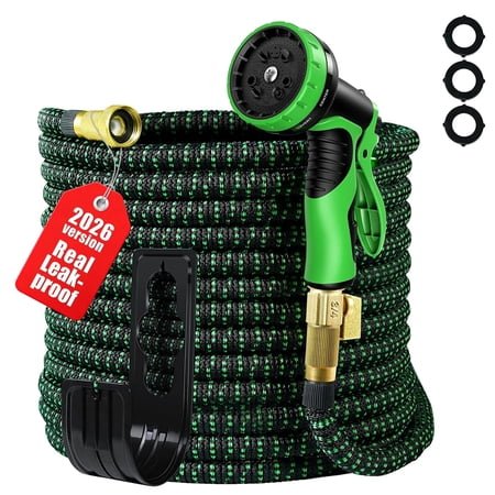 100ft Expandable Garden Hose,Flexible Water Hose with 10 Function Spray Nozzle, Extra Strength 3750D,Car Wash Hose with 3/4" Solid Brass Connector Green