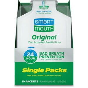 SmartMouth Original Activated Zinc Activated Breathe Rinse, 10 Single Packs, Fresh Mint, 4 fl oz, Adult