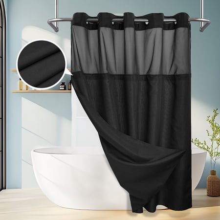 Yiannan No Hook Slub Textured Shower Curtain with Snap-in PEVA Liner, Mesh Window - Black, 71 x 74