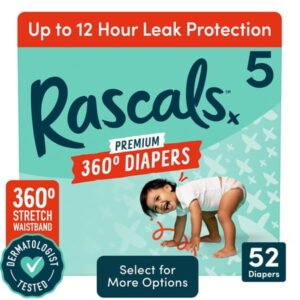 Rascals Premium 360 Absorbent Pull-On Diapers, Size 5, 52 Count