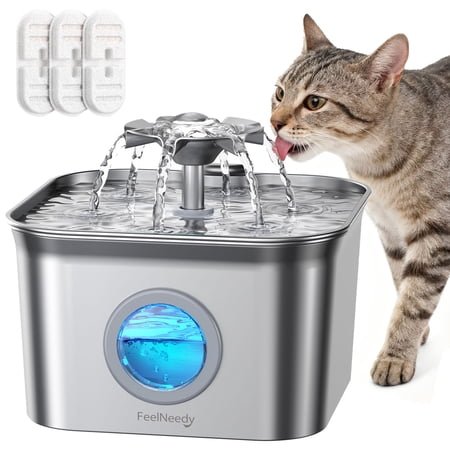 FeelNeedy Cat Water Fountain, 2.8L/95oz Stainless Steel Cat Fountain with 3 Filters, Ultra-quiet Automatic Pet Water Dispenser for Cats Indoor