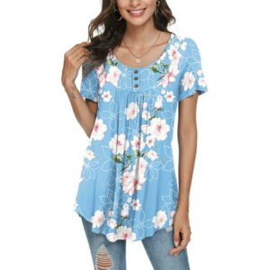 PPYOUNG Women's Summer Casual Short Sleeve Tunic Tops Fit Pleated Blouse Shirts