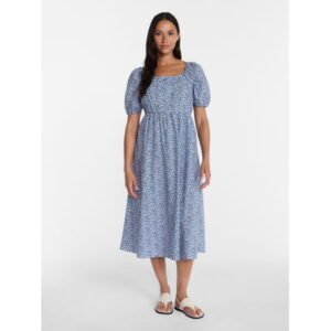 Time and Tru Women's and Women's Plus Cotton Back Tie Midi Dress with Short Puff Sleeves, Sizes XS-4X