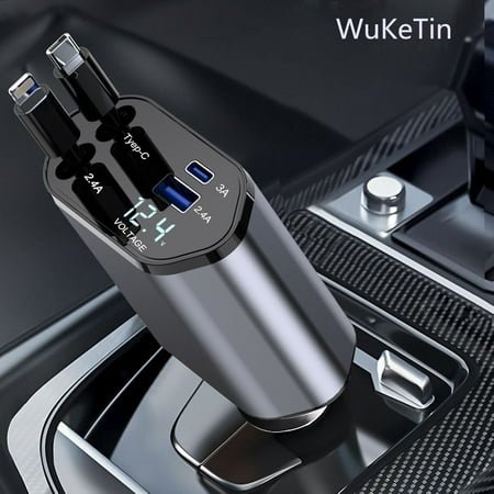 4 in 1 Retractable Car Charger, 120W Fast Car Phone Charger with iPhone and Type C Cable and 2 Charging Ports Car Charger Adapter