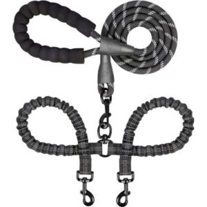 Double Dog Leash for 2 Dogs, Dual Dog Training Leash, Dinosam 360 Swivel No Tangle Walking Two Dog Leash for Dog Training, Shock Absorbing Bungee Double Leash for 2 Dogs, Black (25-150 lbs)