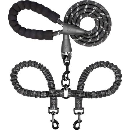 Double Dog Leash for 2 Dogs, Dual Dog Training Leash, Dinosam 360 Swivel No Tangle Walking Two Dog Leash for Dog Training, Shock Absorbing Bungee Double Leash for 2 Dogs, Black (25-150 lbs)