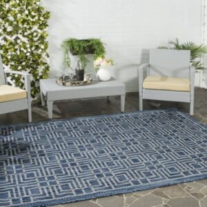 SAFAVIEH Courtyard Neville Geometric Tiles Indoor/Outdoor Area Rug, 5'3" x 7'7", Navy/Grey