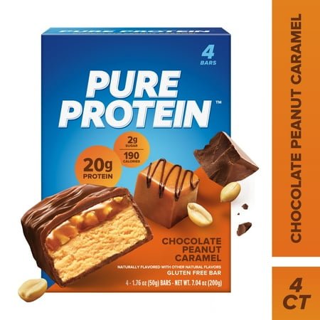 Pure Protein Bars, Chocolate Peanut Caramel, Gluten Free, 20g Protein, 1.76 oz, 4 Count