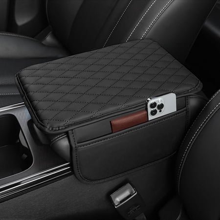 HBK Car Center Console Cover Leather Armrest Cover Cushion with 2 Storage Bags Universal Car Armrest Seat Box Pad Car Interior Accessories Protector for Most Vehicle, Black