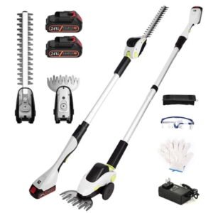 HOTREE 21V Cordless Pole Hedge Trimmer with 2 x 2.0Ah Batteries and Charger, 12ft Reach 3-in-1 Foldable Hedge Shrub Trimmer and Grass Shear ,Grey