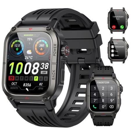 Military Smart Watches for Men Answer/Make Calls 1.91'' HD Rugged Smart Watch Fits for Android and iPhone, Waterproof Fitness Tracker with 100+ Sport Modes, Watches for Men, Black