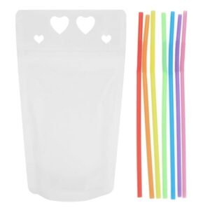 50PCS Love Pattern Clear Drink Pouches Heavy Duty Translucent Reclosable Zipper Stand up Plastic Bags with Bottom Gusset and 4 Straws