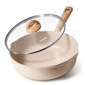 Carote 5QT Ceramic Non Stick Frying Pan Skillet with Lid, Jumbo Cooker with Induction 11inch Large Deep Frying Pan, Non-Toxic Sauté Pan,Taupe