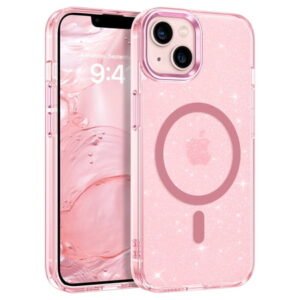 VENINGO Magnetic for iPhone 13 Case / iPhone 14 Case Clear Glitter, Compatible with Mag-safe, TPU Transparent Shockproof Slim Bling Sparkly Bumper Cover Phone Case for Women Girls, Pink
