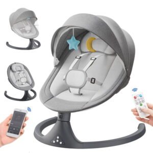 Aprpink 5 in 1 Large Baby Swing Bouncer with Rocking, Mosquito Net&Cute Toys Gray Striped for Toddler, 1 Count