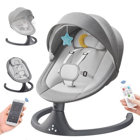 Aprpink 5 in 1 Large Baby Swing Bouncer with Rocking, Mosquito Net&Cute Toys Gray Striped for Toddler, 1 Count