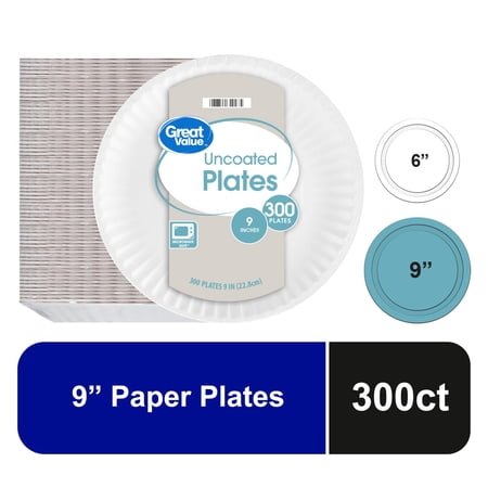 Great Value Uncoated Paper Plates, 9 in, 300 Count