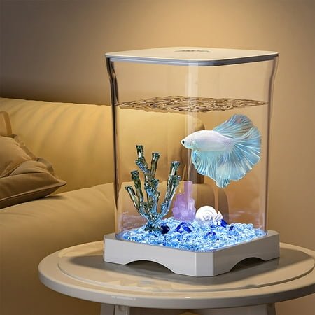 Ikohbadg Mini Self-Cleaning Aquarium LED Cube Ecosystem, Desktop Aquarium Starter Kit LED Lighting Design, Fake Fish Tank Mini Aquarium, Fake Aquarium Decorative Lamp, Gift for Kids, White