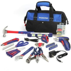 WORKPRO 125-Piece Household Tool Kit – 3.6V Rechargeable Screwdriver & Home Repair Basic Tool Set with 13-inch Easy Carrying Tools Bag, 125 Pcs (W009068A)