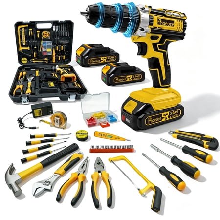 Pnoeoce 20V Cordless Drill Set,148 Pcs Power Drill Tool with 2 x 3Ah Battery,45 N.m Drill Tool Kit Set with Storage Organizer Case for Men Women