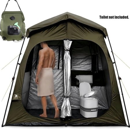 QUIETLEMON 7.5FT Camping Shower Tent, 2-Room Portable Privacy Tent with Shower Bag, Outdoor Camping Toilet & Dressing Room, Instant Pop Up Shelter for Beach, Camping & Hiking