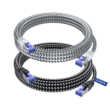 Cat7 Ethernet Cable 10ft, 2-Pack (Black & White) - Braided High-Speed Network LAN Cables for Gaming, Streaming, Router, Modem, PC, PS5, Xbox - Durable & Tangle-Free Design, 2-Pack