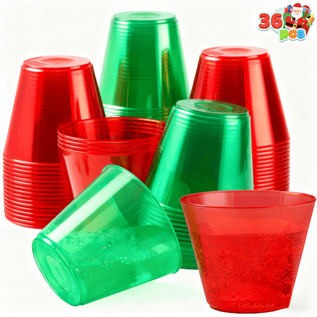 Joyfy 36 Pcs Christmas Plastic Cups,9 OZ Clear Red and Green Plastic Drinking Cups, Christmas Cups Disposable for Xmas Party Supplies
