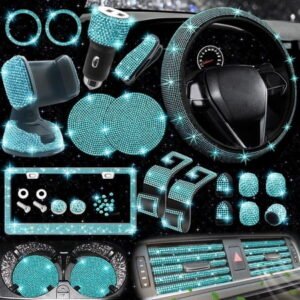 Chasenew 27-Piece Bling Car Accessories Set - Universal Fit Steering Wheel Covers, License Plate Frames, Phone Holder, Car Fast Charger, Coasters (Aquamrine Diamond)