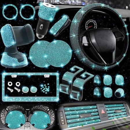Chasenew 27-Piece Bling Car Accessories Set - Universal Fit Steering Wheel Covers, License Plate Frames, Phone Holder, Car Fast Charger, Coasters (Aquamrine Diamond)