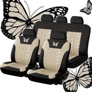 Universal Car Seat Covers Full Set Protector Cushion Front Rear 3D Butterfly Embroidery Pattern, Beige