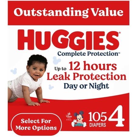 Huggies Complete Protection Baby Diapers, Size 4 (22-37 lbs), 104 Count