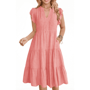 UVN Summer Dresses for Women Ruffle Sleeve V Neck Midi Dress Casual Beach Sundress with Pockets