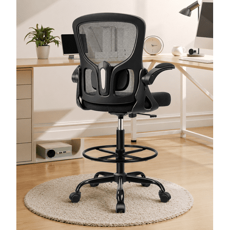 ATHOPE Ergonomic Office Chair, Tall Drafting Chair with Adjustable Foot Ring for Standing Desks, Breathable Mesh Desk Chair with 90° Flip-Up Armrests & Lumbar Support, Black