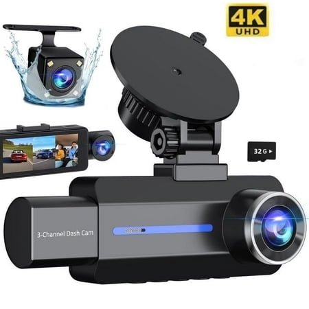 3 Channel 2.5K Dash Cam, 1440P Dash Cam Front and Rear Inside, Dash Camera for Cars, Triple Car Camera with 32GB Card, G-Sensor, 24Hr Parking, Loop Recording, IR Night Vision, Blue